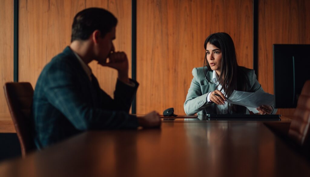 Man and woman sitting in a dark boardroom