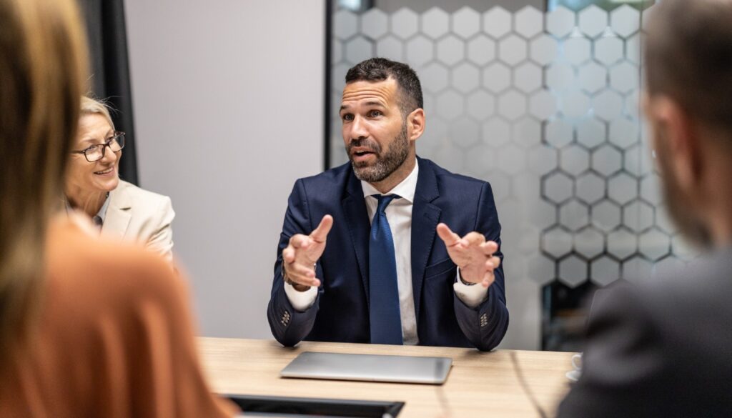 Male board director mid-way through a board conversation