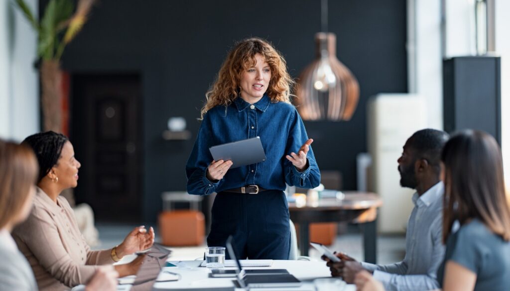 Image of a woman addressing a board room