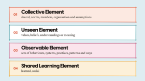 List of four recurring themes: Collective Element (shared, norms, members, organisations and assumptions) Unseen Element (values, beliefs, understandings or meaning) Observable Element (sets of behaviours, systems, practices, patterns and ways) Shared Learning Element (learned, social)