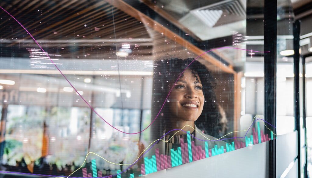 Woman with a tech overlay across her face looking out a window. She is smiling.